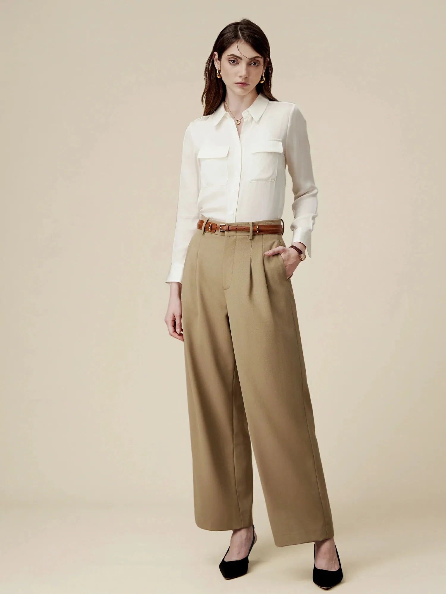 Amoretu Silk Standing Collar Long Sleeve Blouse