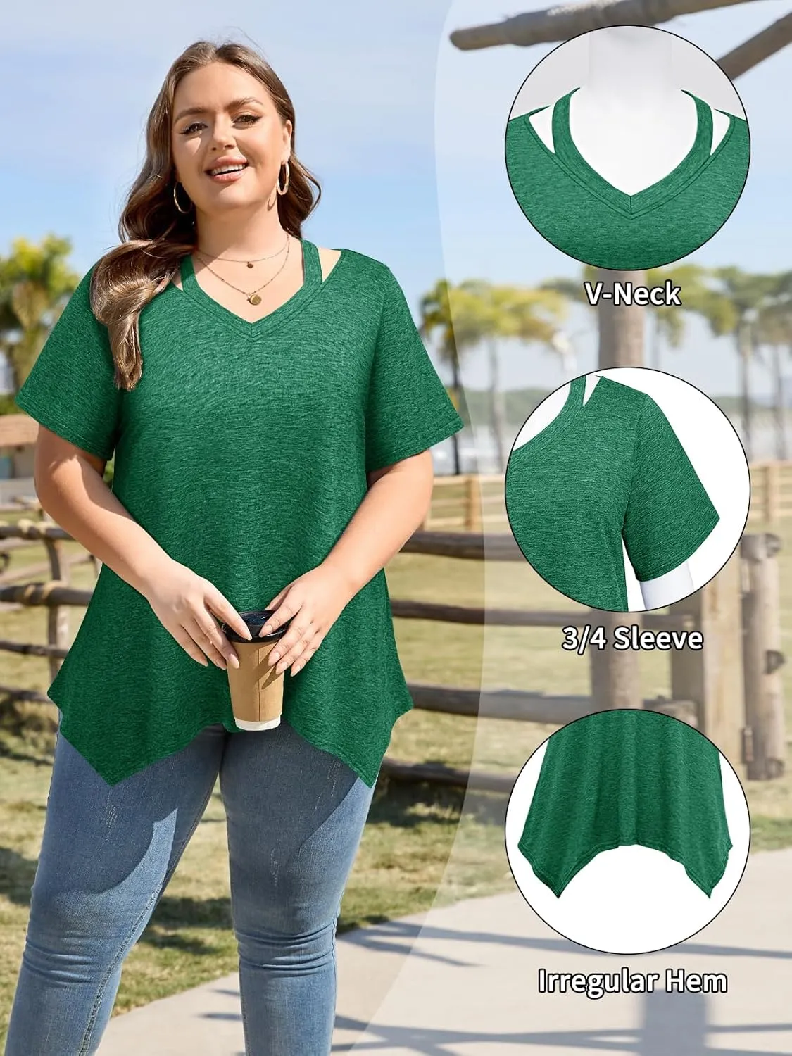 Amrto Women Plus Size Tops Cut Out V Neck 3/4 Sleeve Blouses Dressy Casual Tunic Tops to Wear with Leggings