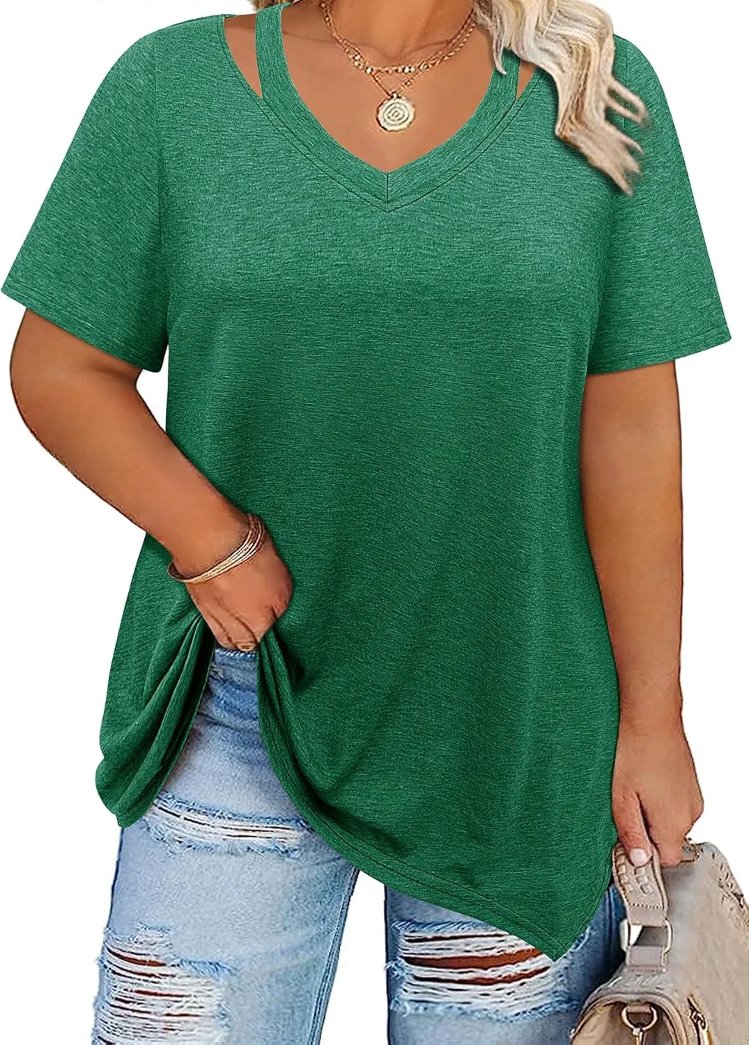 Amrto Women Plus Size Tops Cut Out V Neck 3/4 Sleeve Blouses Dressy Casual Tunic Tops to Wear with Leggings