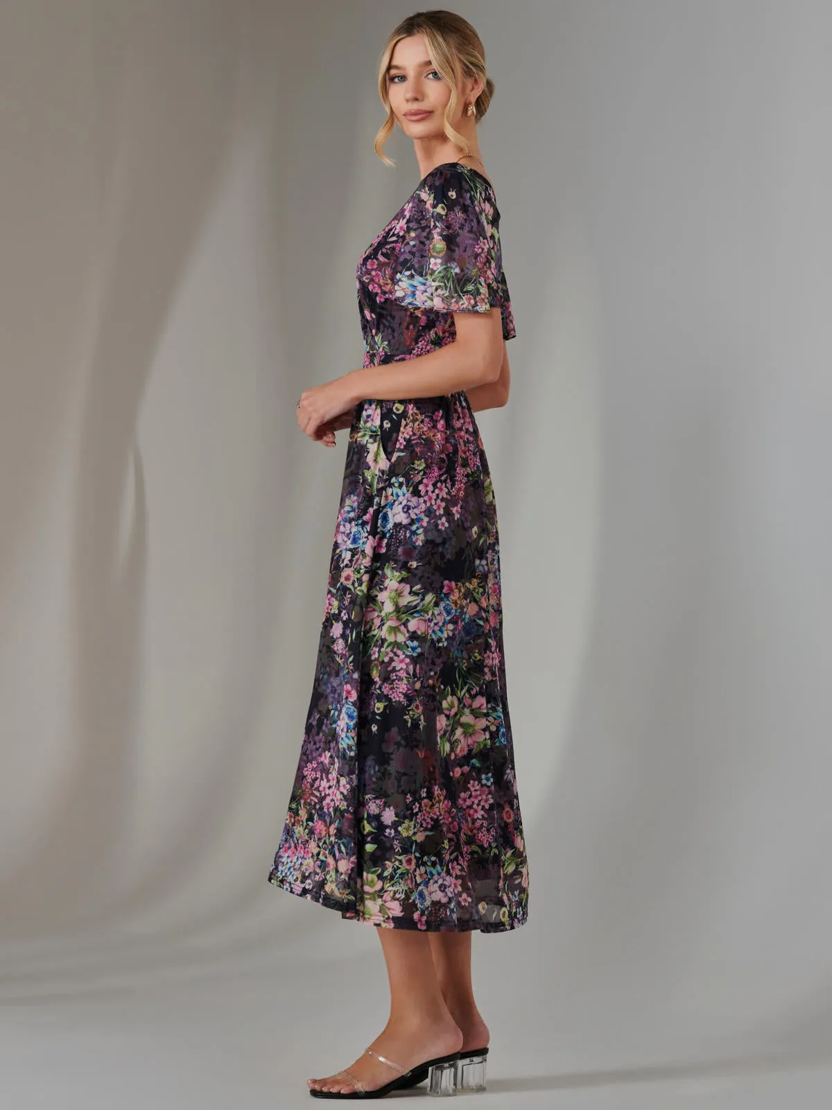 Angel Sleeve Wrap Bodice Mesh Maxi Dress, Floral Multi