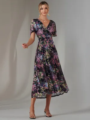 Angel Sleeve Wrap Bodice Mesh Maxi Dress, Floral Multi