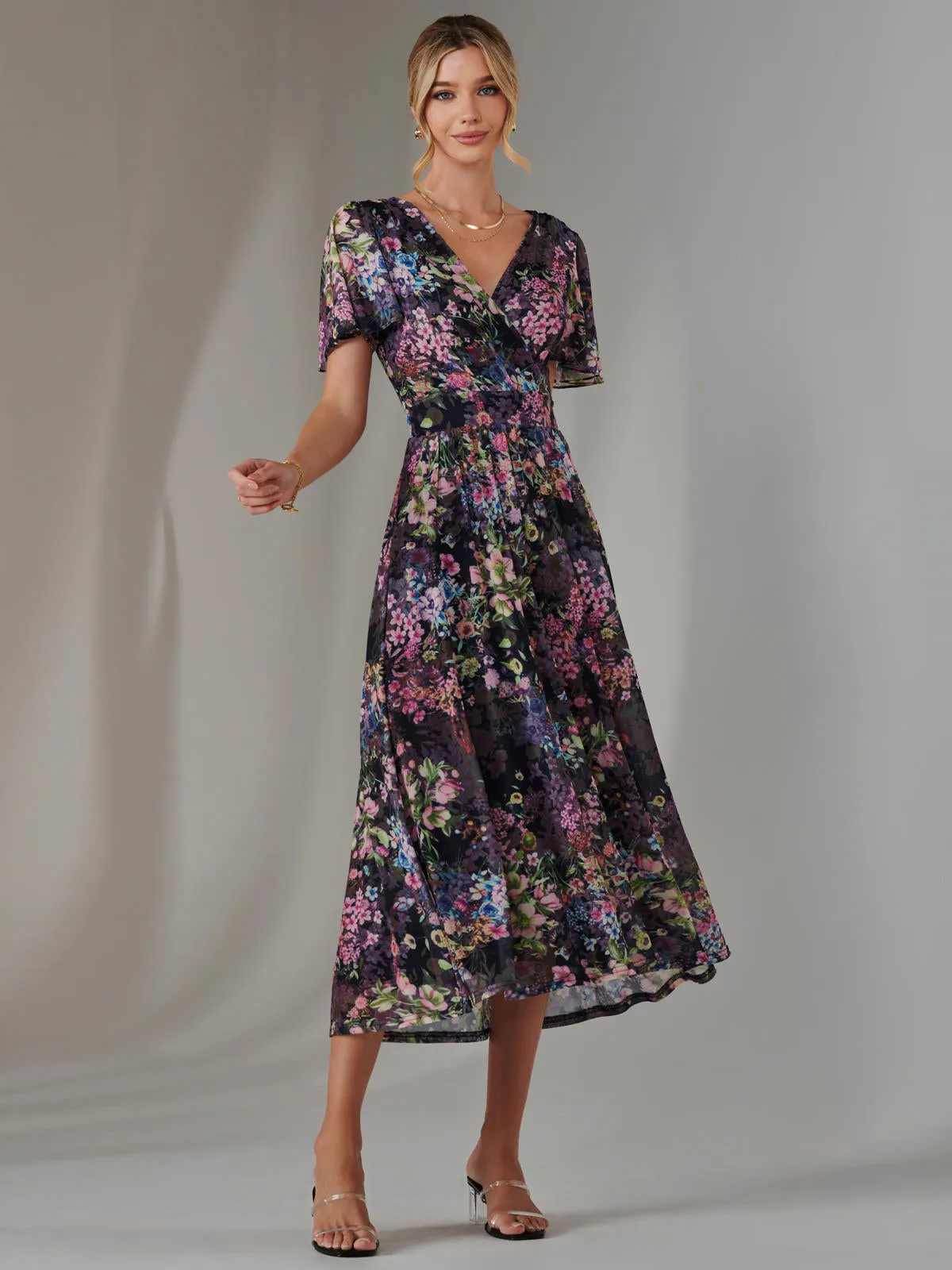 Angel Sleeve Wrap Bodice Mesh Maxi Dress, Floral Multi