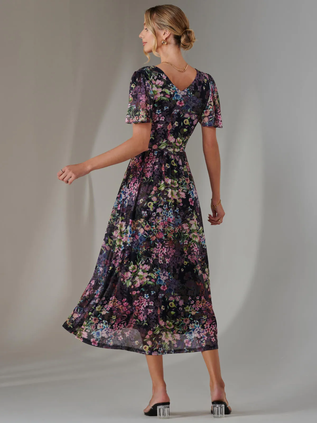 Angel Sleeve Wrap Bodice Mesh Maxi Dress, Floral Multi