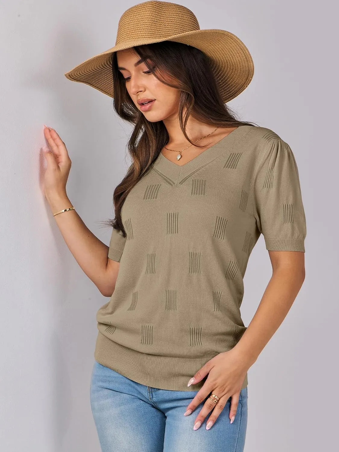 ANRABESS Summer Tops for Women Short Sleeve V Neck Sweaters Dressy Casual Blouses Lightweight Thin Knit Fashion Shirts