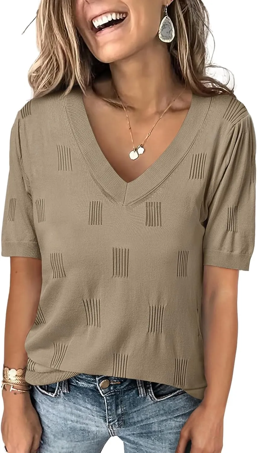 ANRABESS Summer Tops for Women Short Sleeve V Neck Sweaters Dressy Casual Blouses Lightweight Thin Knit Fashion Shirts