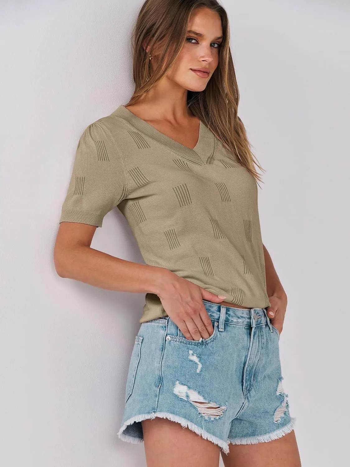 ANRABESS Summer Tops for Women Short Sleeve V Neck Sweaters Dressy Casual Blouses Lightweight Thin Knit Fashion Shirts