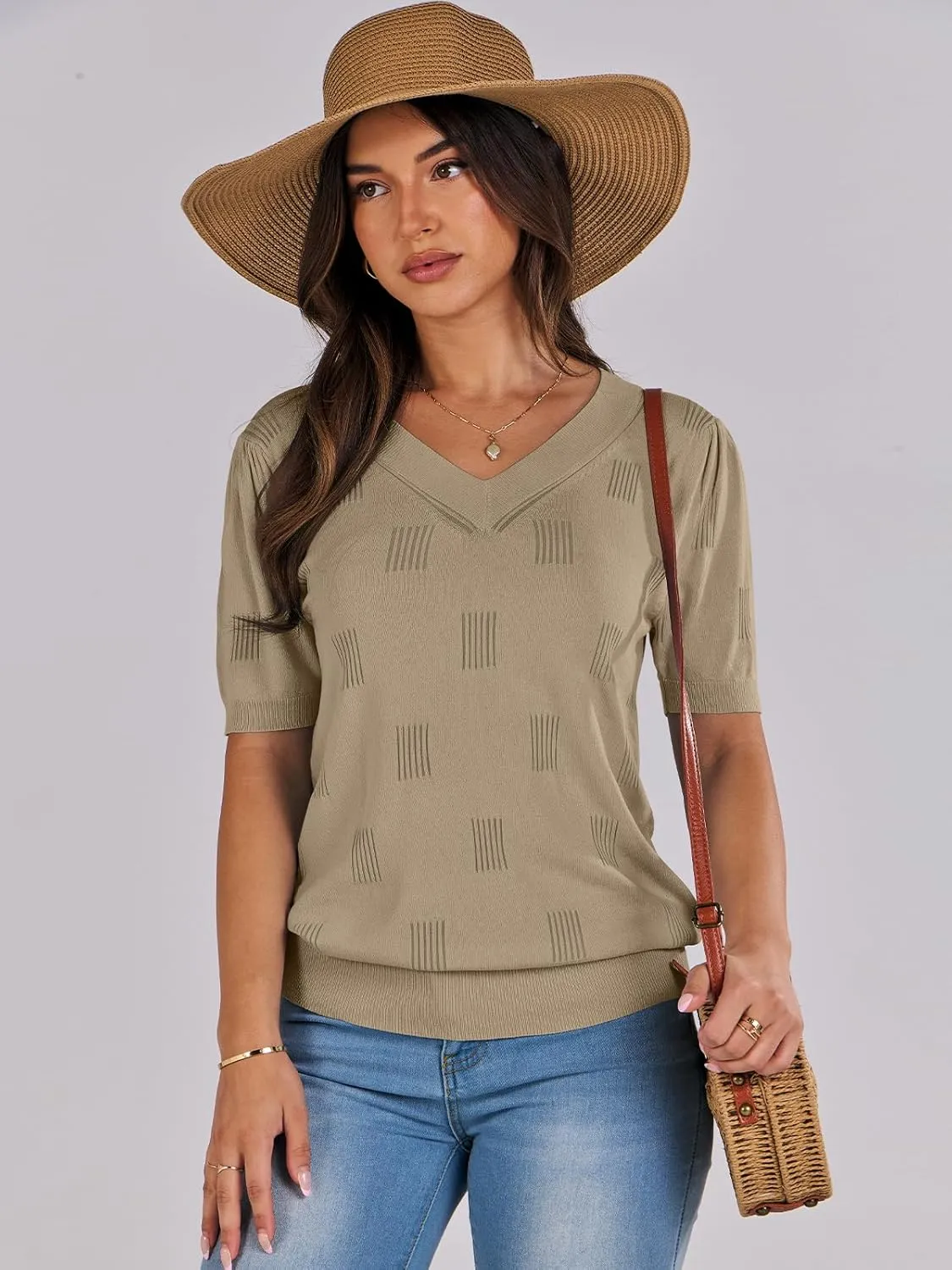 ANRABESS Summer Tops for Women Short Sleeve V Neck Sweaters Dressy Casual Blouses Lightweight Thin Knit Fashion Shirts