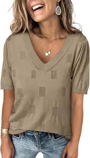 ANRABESS Summer Tops for Women Short Sleeve V Neck Sweaters Dressy Casual Blouses Lightweight Thin Knit Fashion Shirts