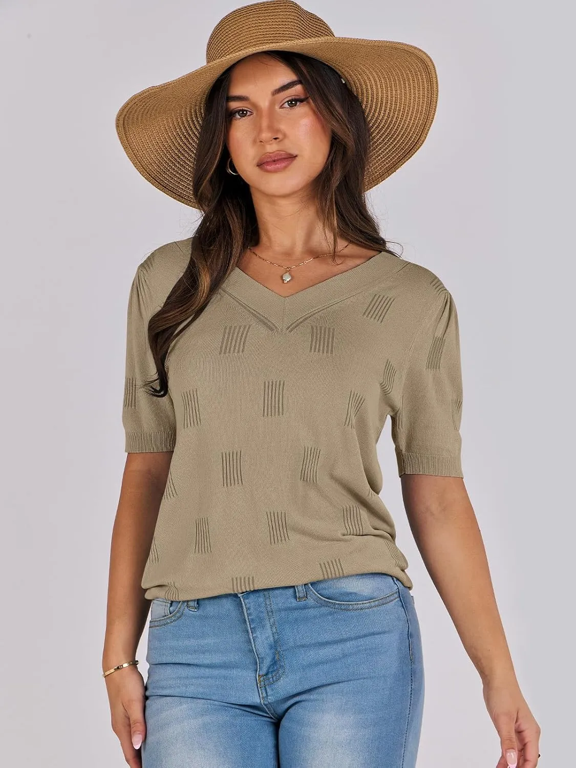 ANRABESS Summer Tops for Women Short Sleeve V Neck Sweaters Dressy Casual Blouses Lightweight Thin Knit Fashion Shirts