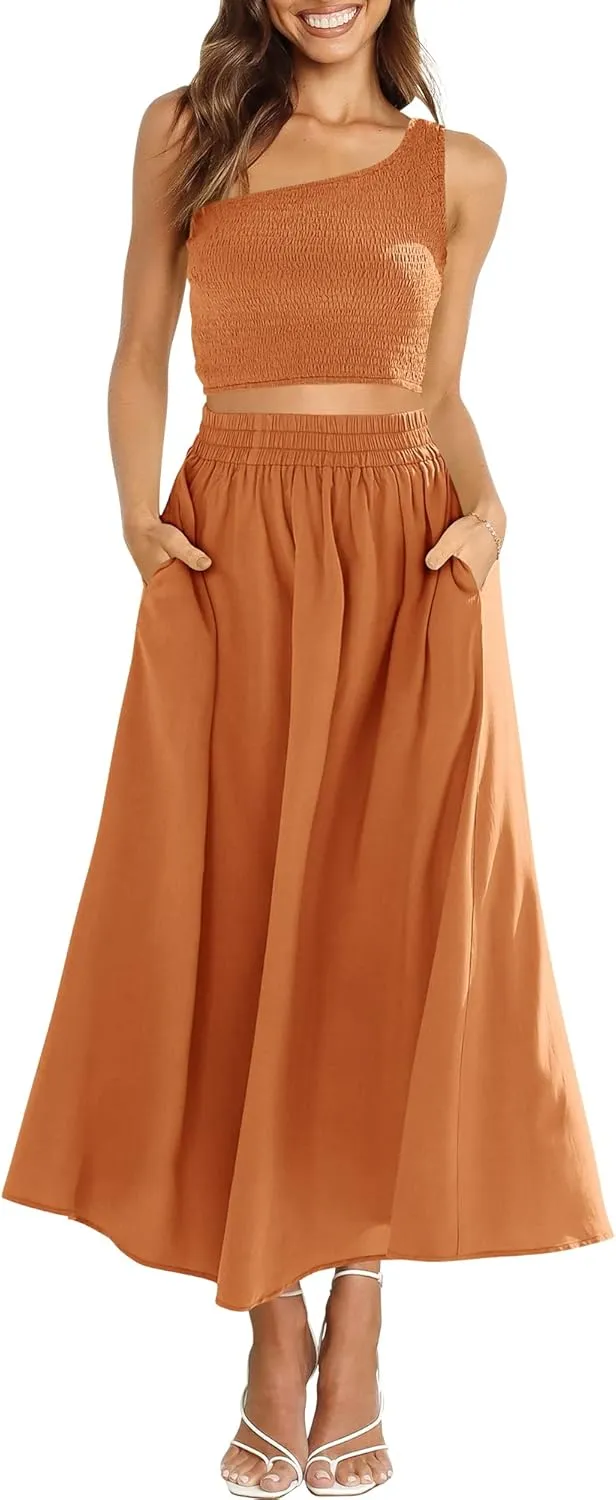 ANRABESS Women's 2 Pieces Outfits One Shoulder Smocked Crop Top & High Waist Long Skirt Dress Set with Pockets