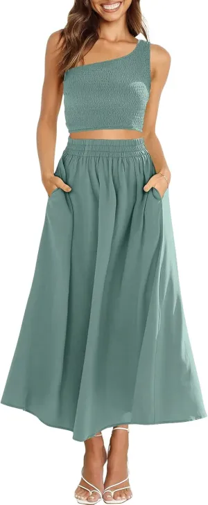 ANRABESS Women's 2 Pieces Outfits One Shoulder Smocked Crop Top & High Waist Long Skirt Dress Set with Pockets