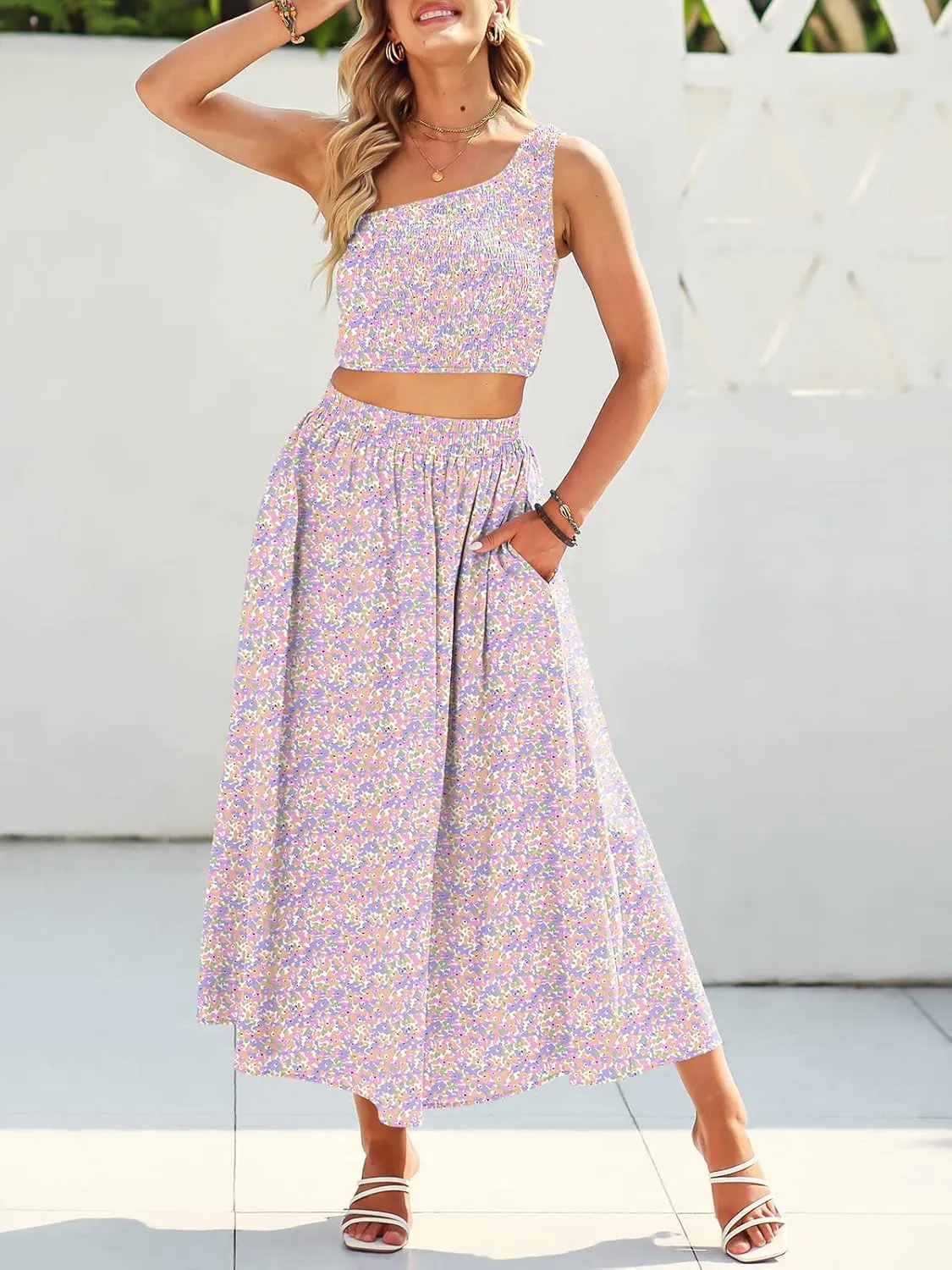 ANRABESS Women's 2 Pieces Outfits One Shoulder Smocked Crop Top & High Waist Long Skirt Dress Set with Pockets