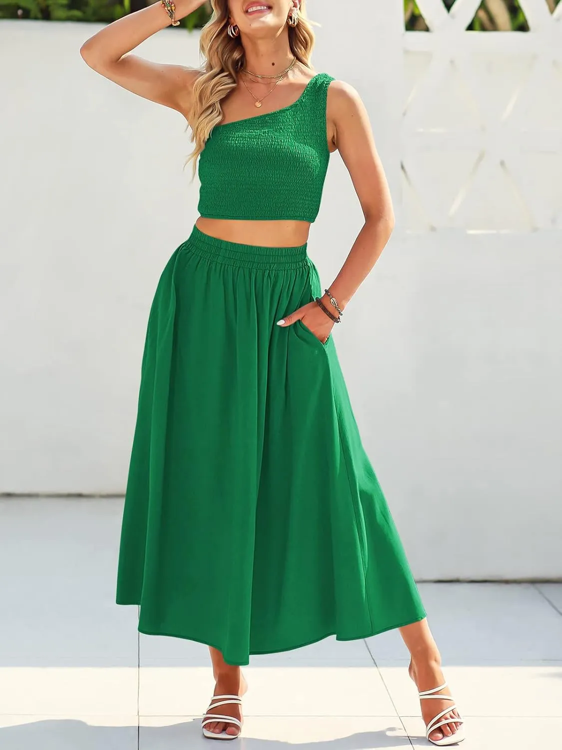 ANRABESS Women's 2 Pieces Outfits One Shoulder Smocked Crop Top & High Waist Long Skirt Dress Set with Pockets