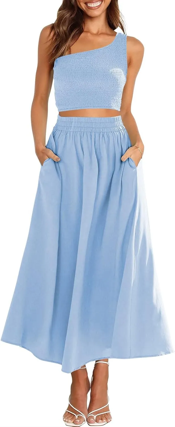 ANRABESS Women's 2 Pieces Outfits One Shoulder Smocked Crop Top & High Waist Long Skirt Dress Set with Pockets
