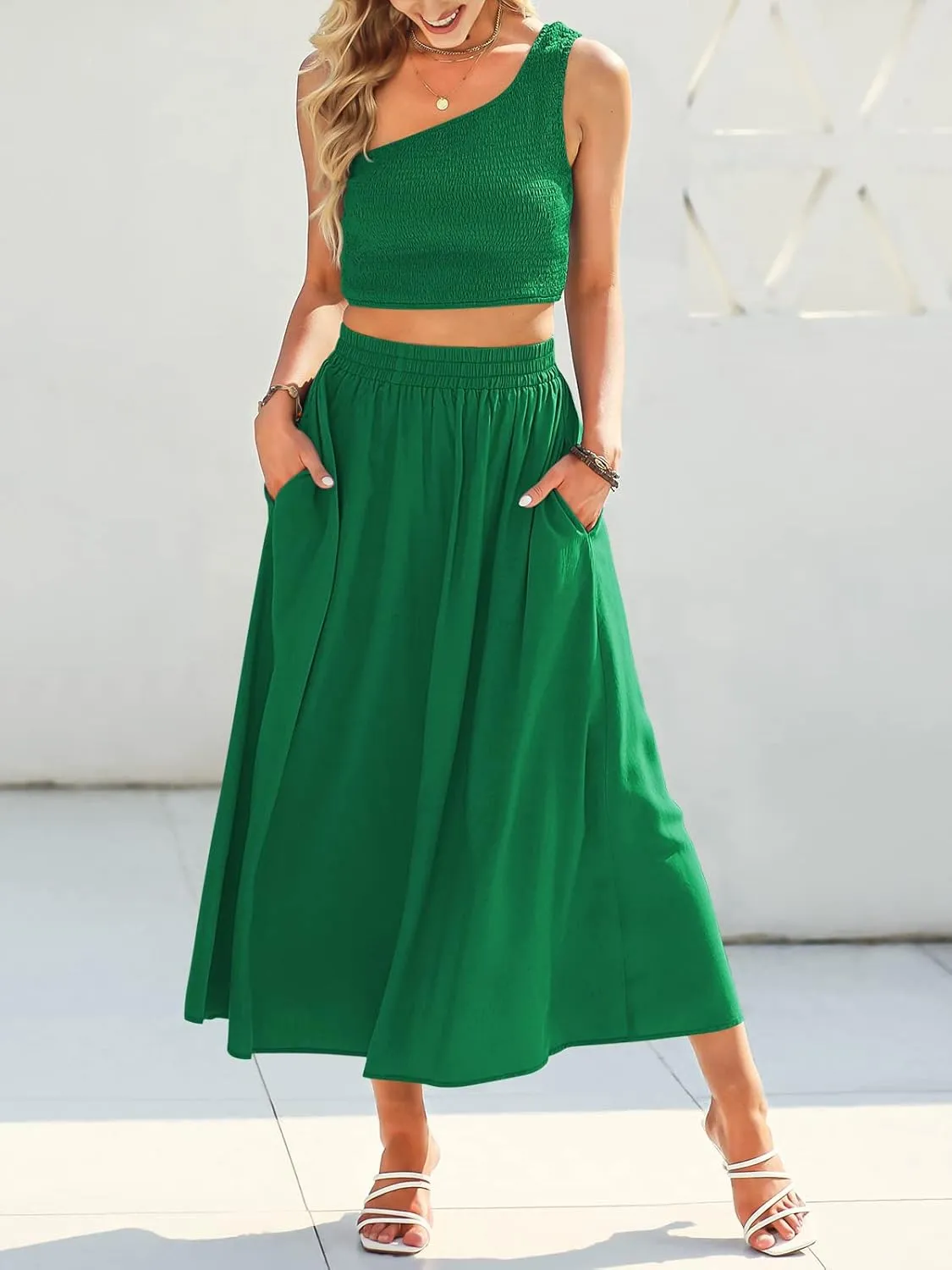 ANRABESS Women's 2 Pieces Outfits One Shoulder Smocked Crop Top & High Waist Long Skirt Dress Set with Pockets
