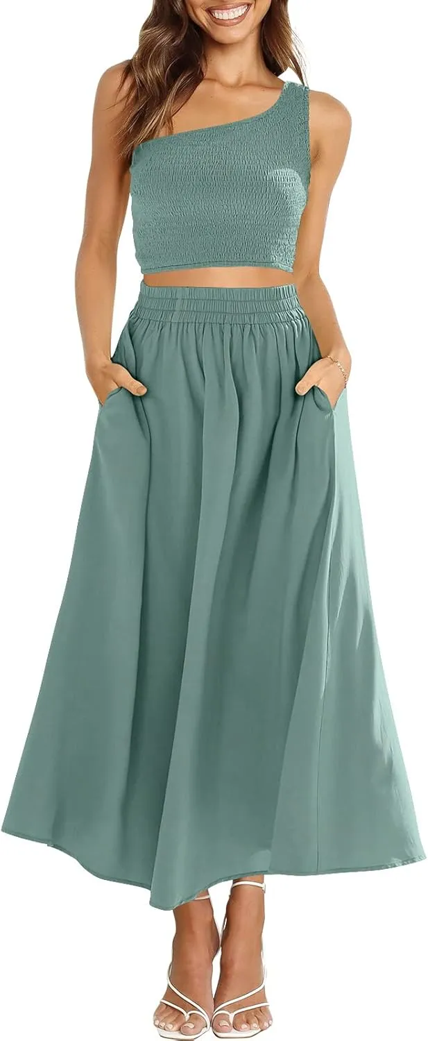 ANRABESS Women's 2 Pieces Outfits One Shoulder Smocked Crop Top & High Waist Long Skirt Dress Set with Pockets