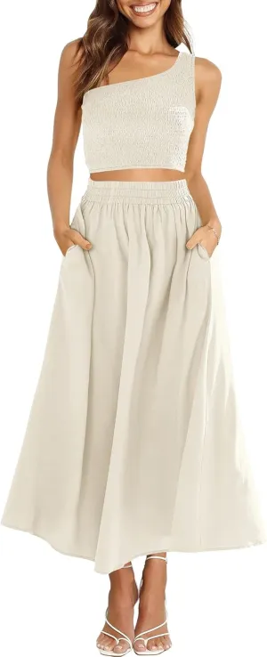 ANRABESS Women's 2 Pieces Outfits One Shoulder Smocked Crop Top & High Waist Long Skirt Dress Set with Pockets