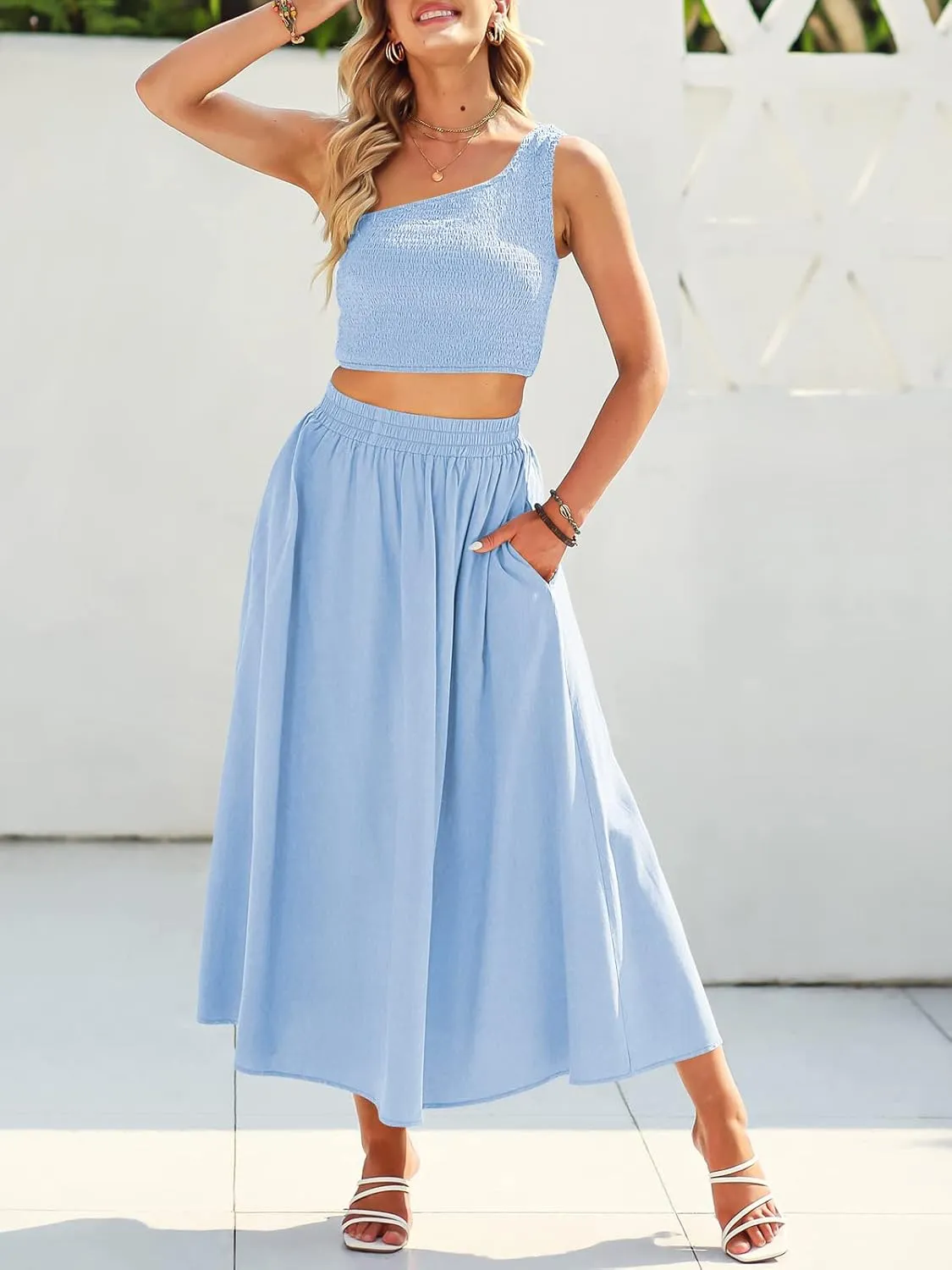 ANRABESS Women's 2 Pieces Outfits One Shoulder Smocked Crop Top & High Waist Long Skirt Dress Set with Pockets