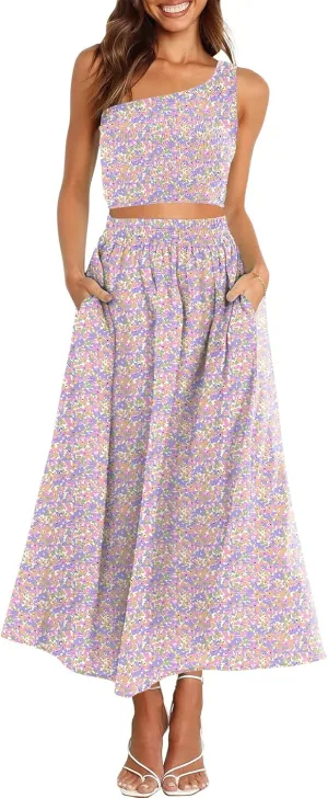 ANRABESS Women's 2 Pieces Outfits One Shoulder Smocked Crop Top & High Waist Long Skirt Dress Set with Pockets