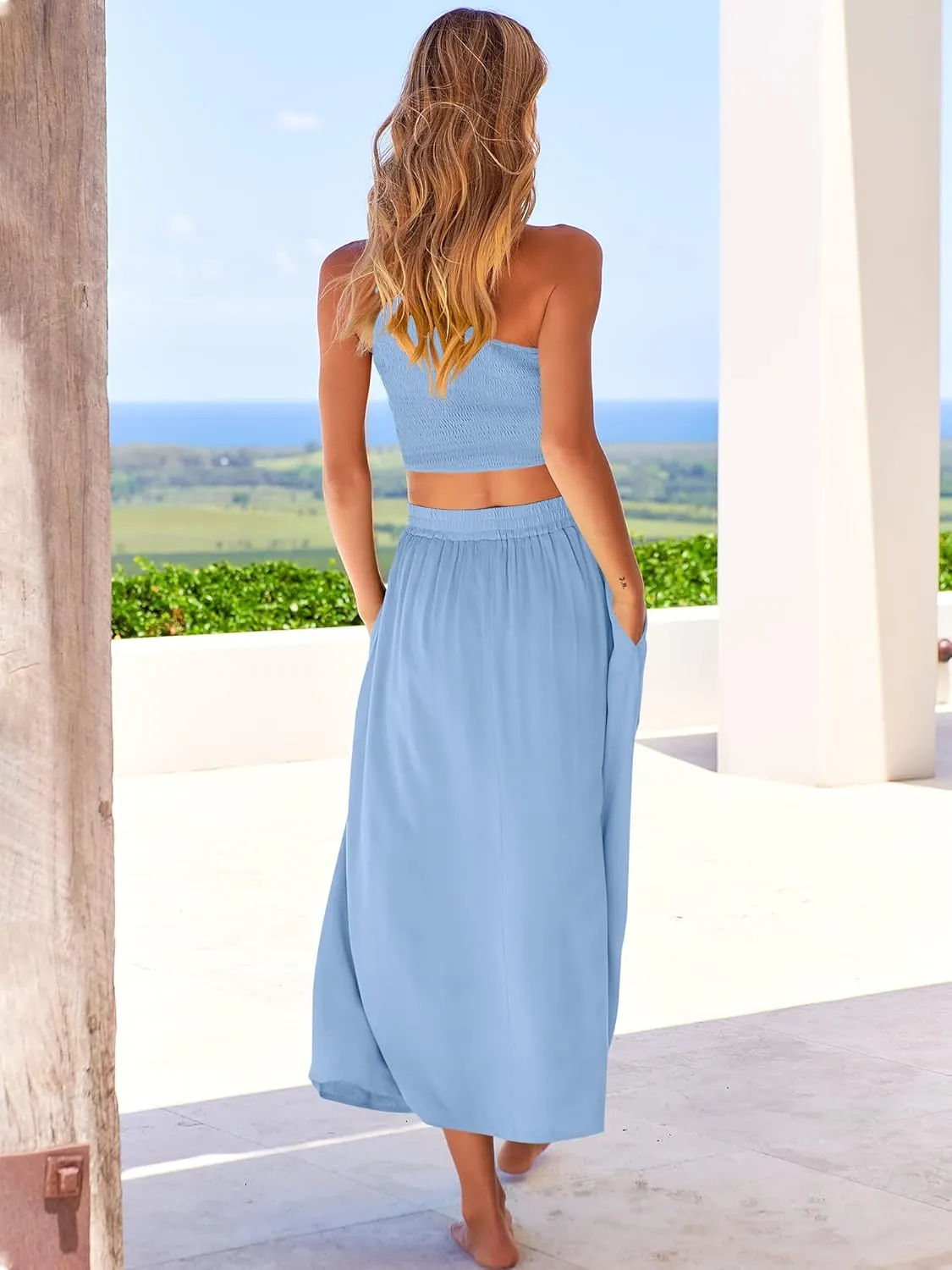 ANRABESS Women's 2 Pieces Outfits One Shoulder Smocked Crop Top & High Waist Long Skirt Dress Set with Pockets