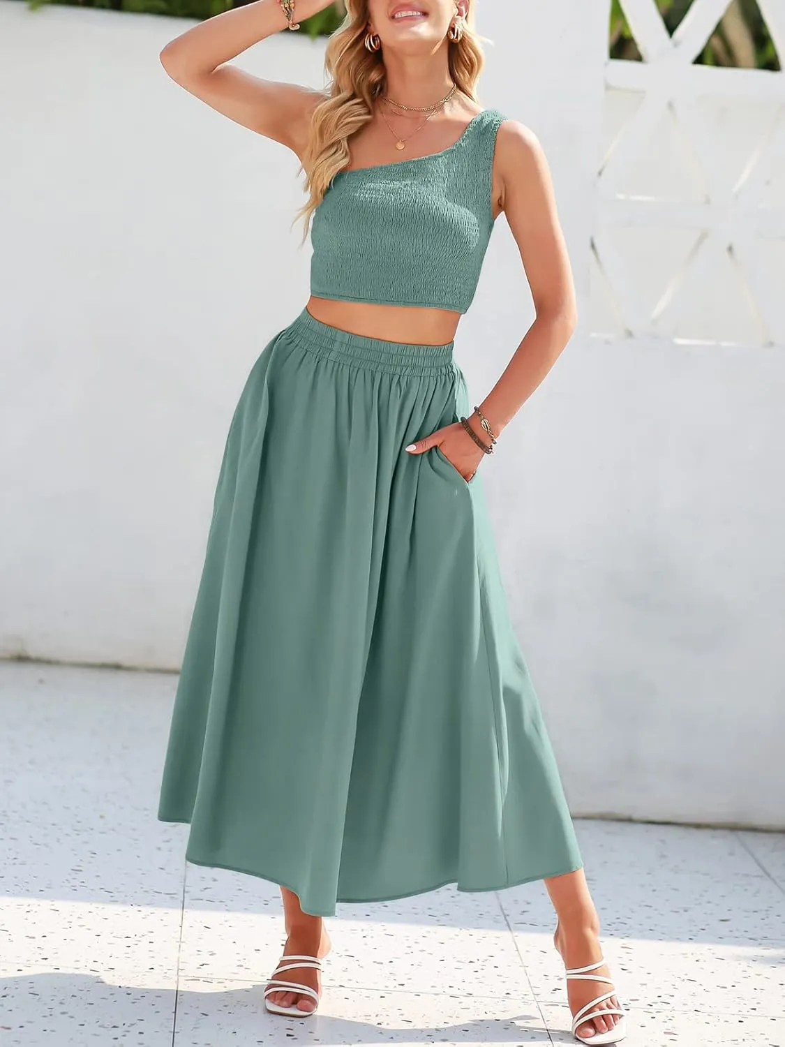 ANRABESS Women's 2 Pieces Outfits One Shoulder Smocked Crop Top & High Waist Long Skirt Dress Set with Pockets