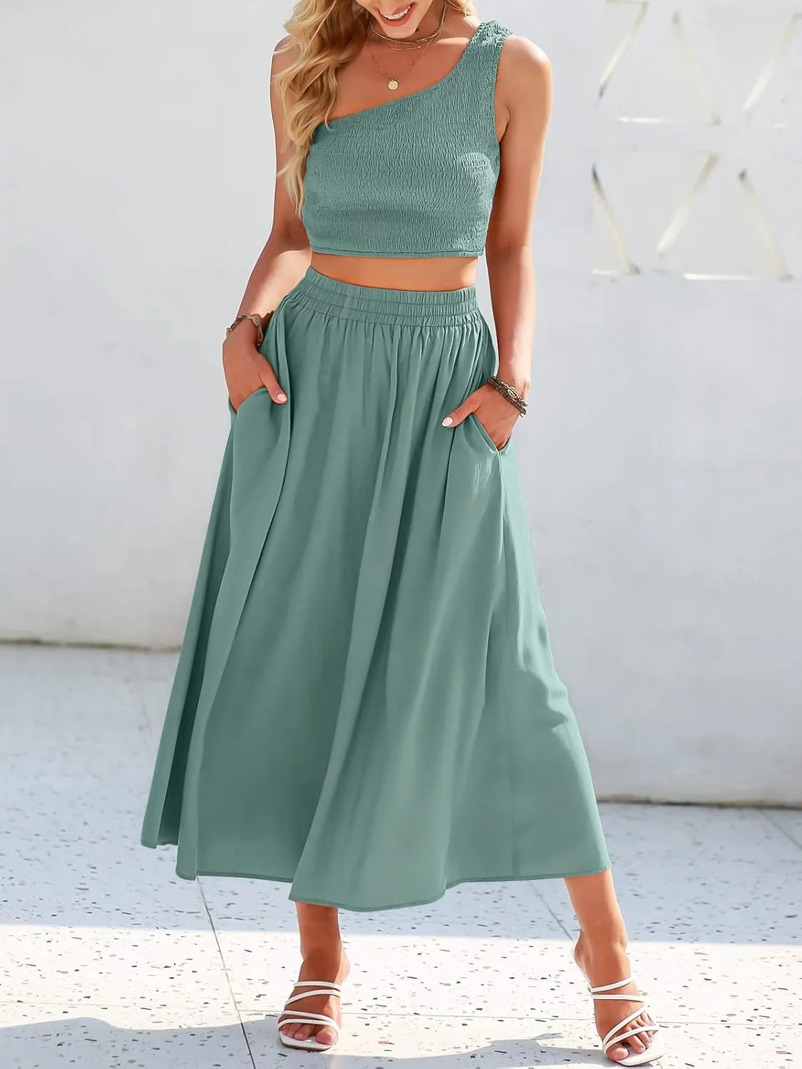 ANRABESS Women's 2 Pieces Outfits One Shoulder Smocked Crop Top & High Waist Long Skirt Dress Set with Pockets