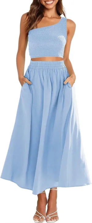 ANRABESS Women's 2 Pieces Outfits One Shoulder Smocked Crop Top & High Waist Long Skirt Dress Set with Pockets