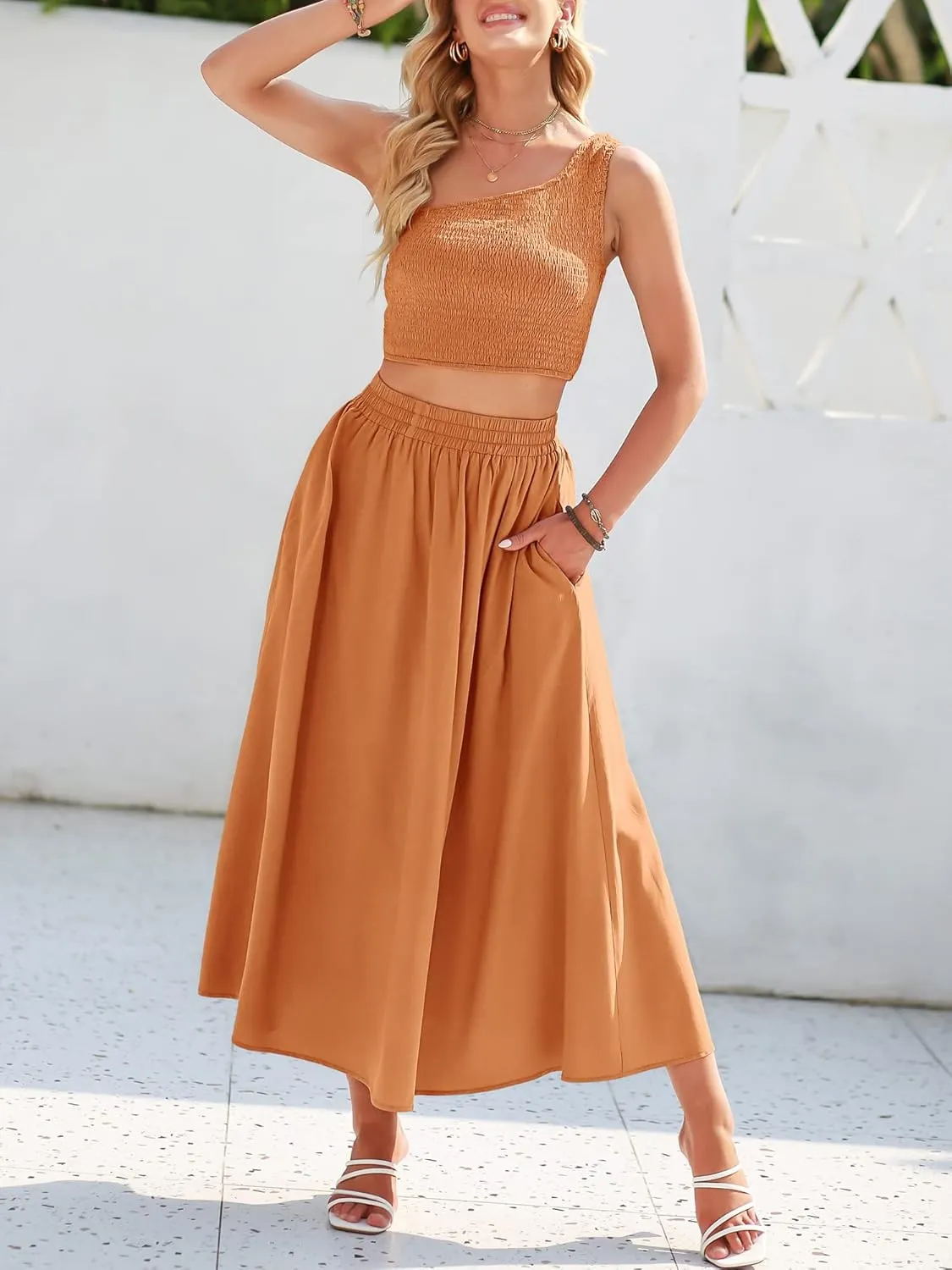 ANRABESS Women's 2 Pieces Outfits One Shoulder Smocked Crop Top & High Waist Long Skirt Dress Set with Pockets