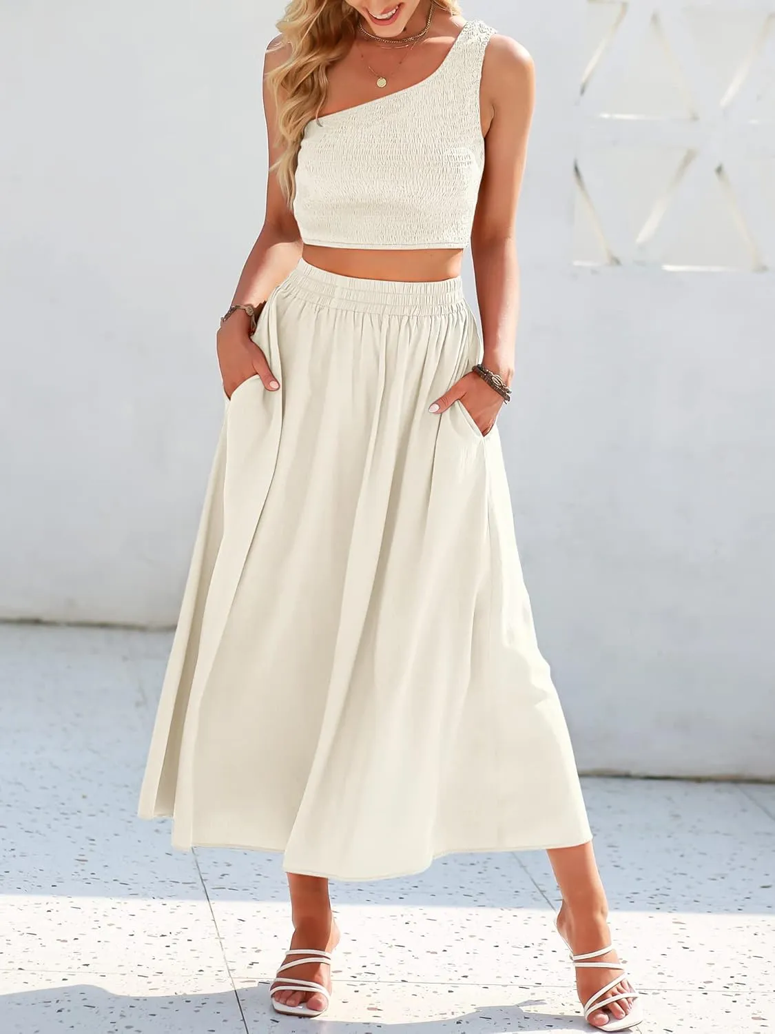 ANRABESS Women's 2 Pieces Outfits One Shoulder Smocked Crop Top & High Waist Long Skirt Dress Set with Pockets