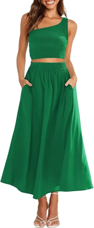 ANRABESS Women's 2 Pieces Outfits One Shoulder Smocked Crop Top & High Waist Long Skirt Dress Set with Pockets