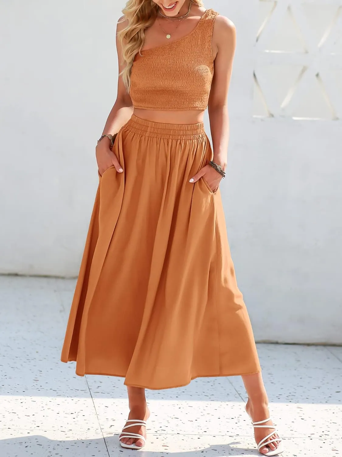 ANRABESS Women's 2 Pieces Outfits One Shoulder Smocked Crop Top & High Waist Long Skirt Dress Set with Pockets