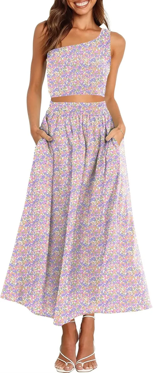 ANRABESS Women's 2 Pieces Outfits One Shoulder Smocked Crop Top & High Waist Long Skirt Dress Set with Pockets