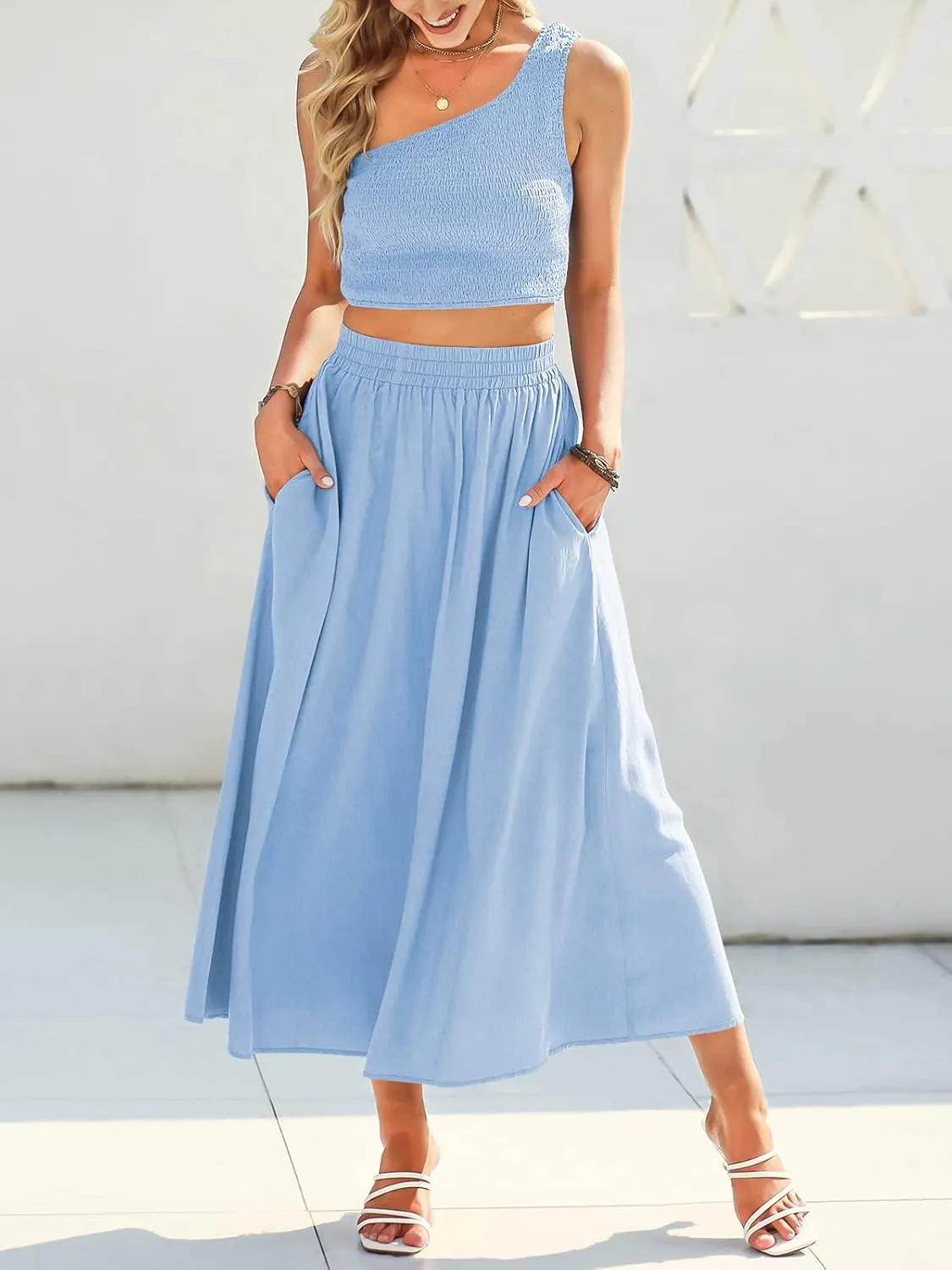 ANRABESS Women's 2 Pieces Outfits One Shoulder Smocked Crop Top & High Waist Long Skirt Dress Set with Pockets