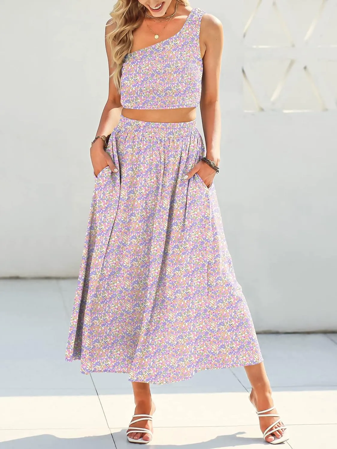 ANRABESS Women's 2 Pieces Outfits One Shoulder Smocked Crop Top & High Waist Long Skirt Dress Set with Pockets