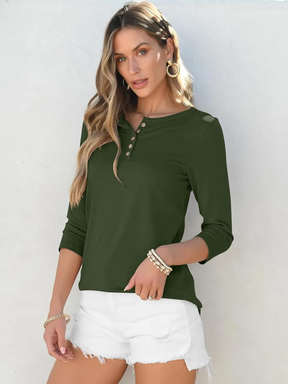 ANRABESS Womens 3/4 Sleeve Tops Henley Shirts Casual Trendy Button T Shirts 2025 Summer Basic Tunic