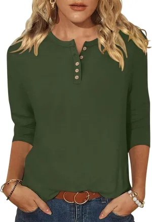 ANRABESS Womens 3/4 Sleeve Tops Henley Shirts Casual Trendy Button T Shirts 2025 Summer Basic Tunic