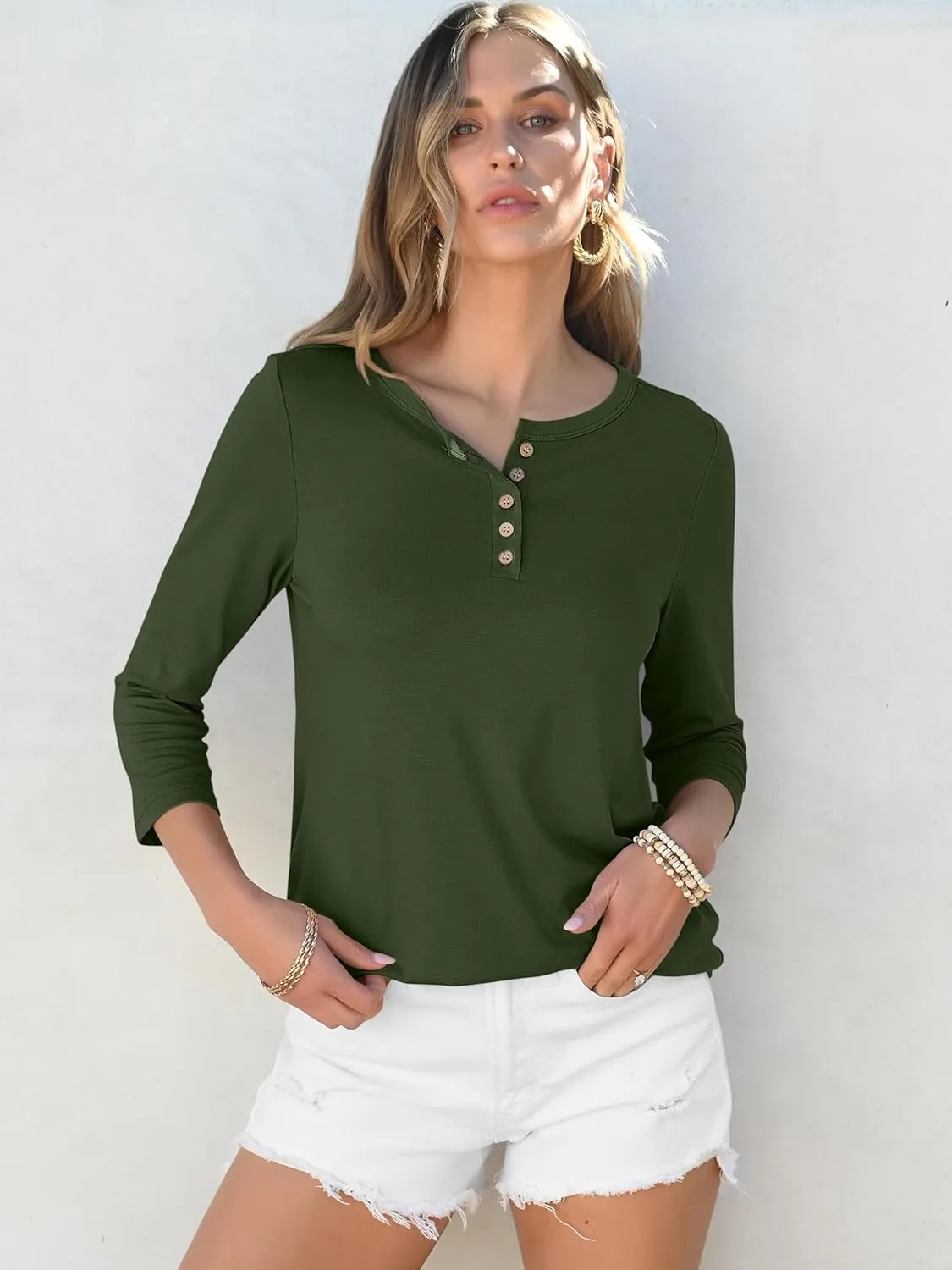 ANRABESS Womens 3/4 Sleeve Tops Henley Shirts Casual Trendy Button T Shirts 2025 Summer Basic Tunic