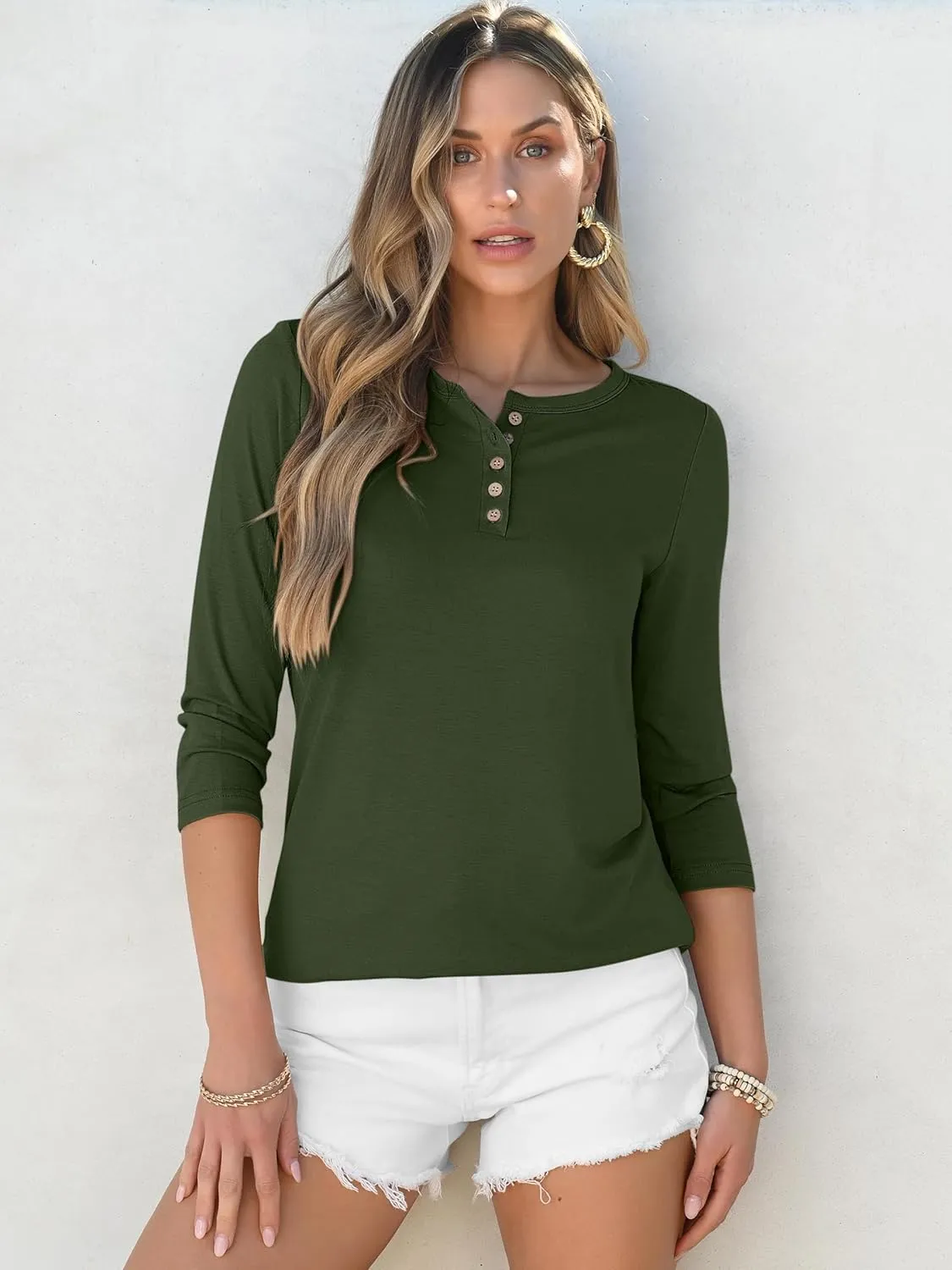 ANRABESS Womens 3/4 Sleeve Tops Henley Shirts Casual Trendy Button T Shirts 2025 Summer Basic Tunic