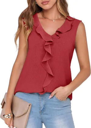 ANRABESS Womens Summer Tank Tops V Neck Sleeveless Ruffle Business Texture Shirts 2025 Ladies Casual Dressy Blouses Outfits