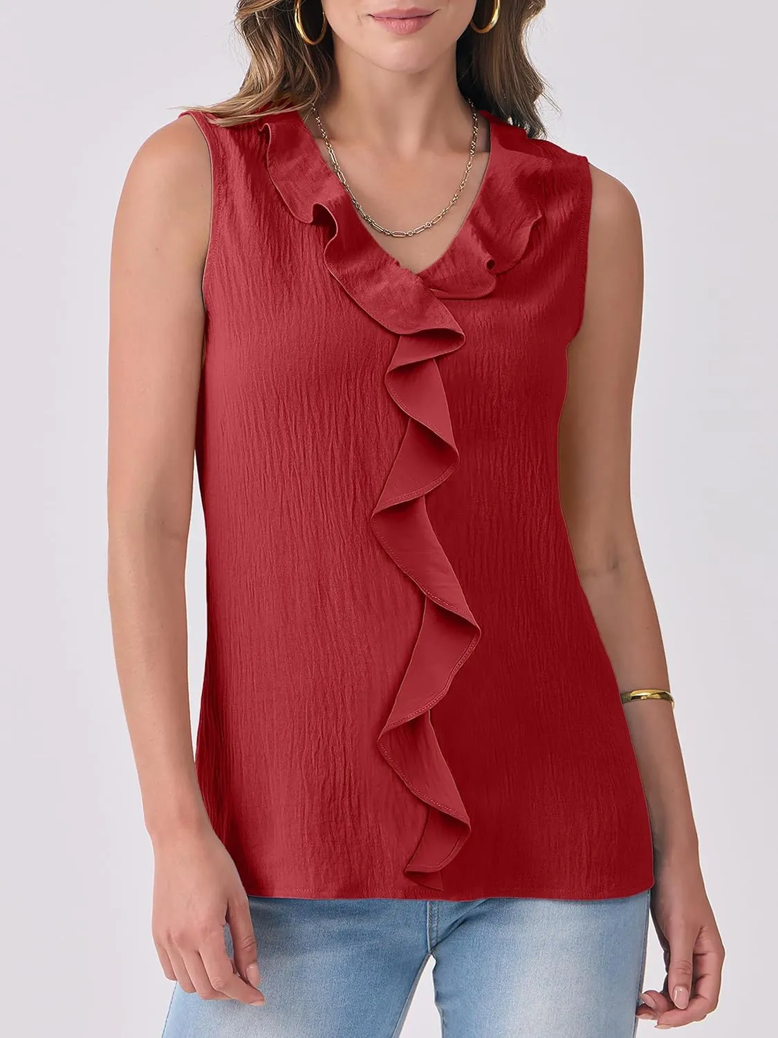 ANRABESS Womens Summer Tank Tops V Neck Sleeveless Ruffle Business Texture Shirts 2025 Ladies Casual Dressy Blouses Outfits