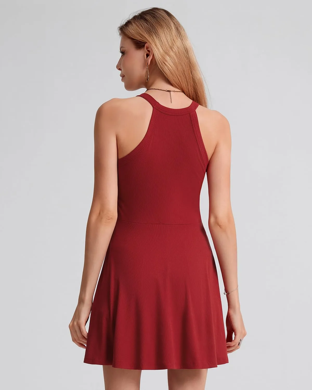 ANYFITTING Built in Bra Halter Dresses for Women Short Mini Casual Ribbed Skater Cute Dress