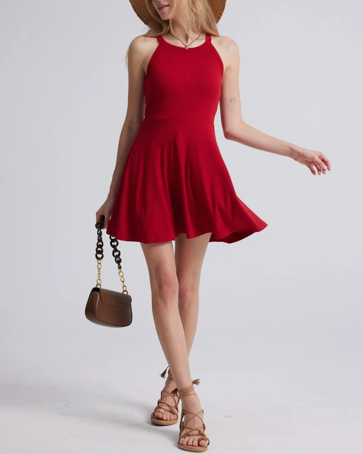 ANYFITTING Built in Bra Halter Dresses for Women Short Mini Casual Ribbed Skater Cute Dress