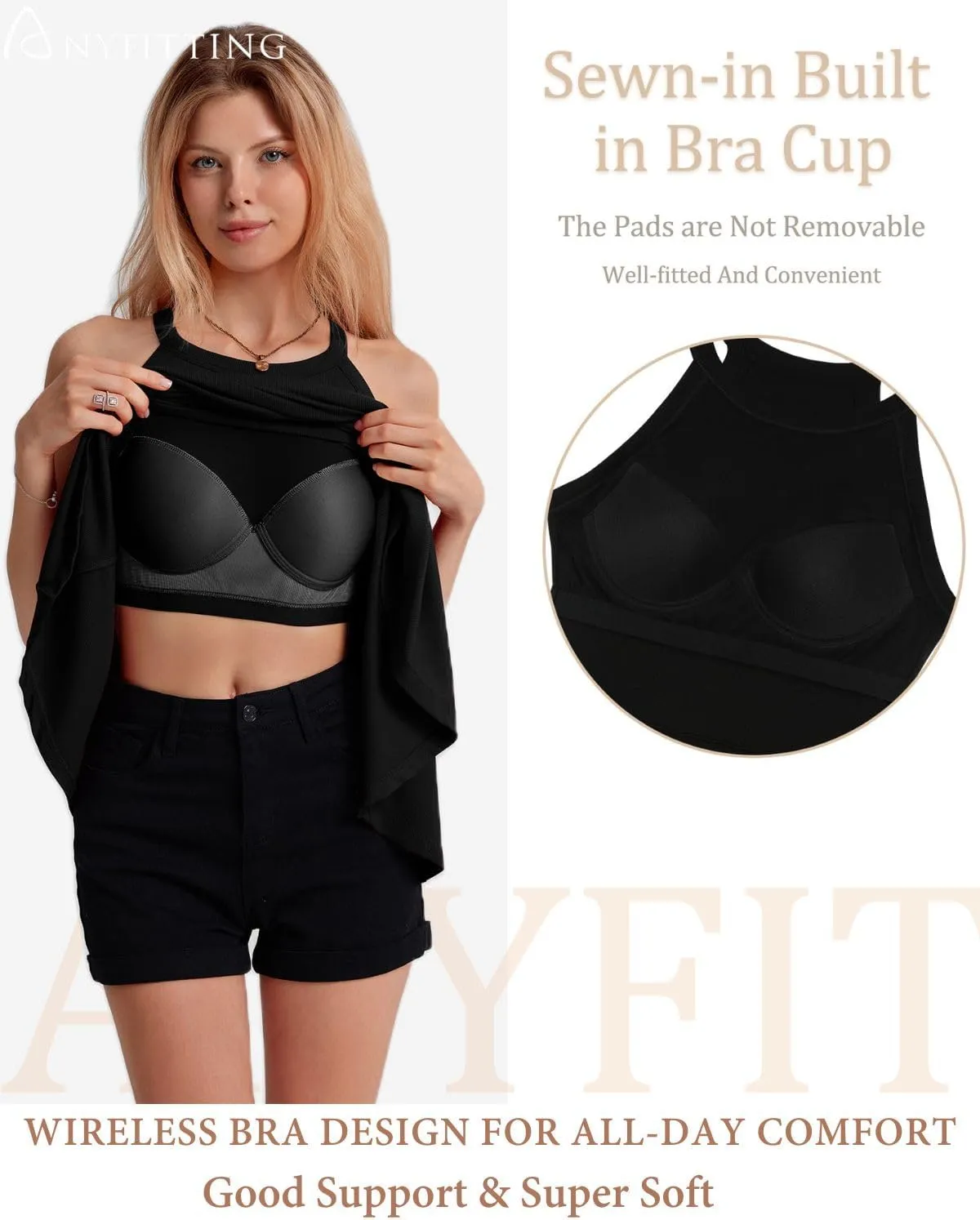 ANYFITTING Built in Bra Halter Dresses for Women Short Mini Casual Ribbed Skater Cute Dress