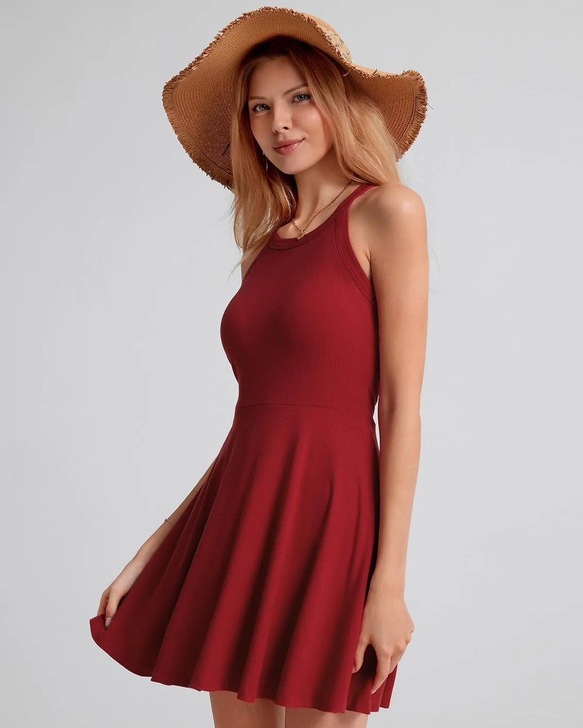 ANYFITTING Built in Bra Halter Dresses for Women Short Mini Casual Ribbed Skater Cute Dress