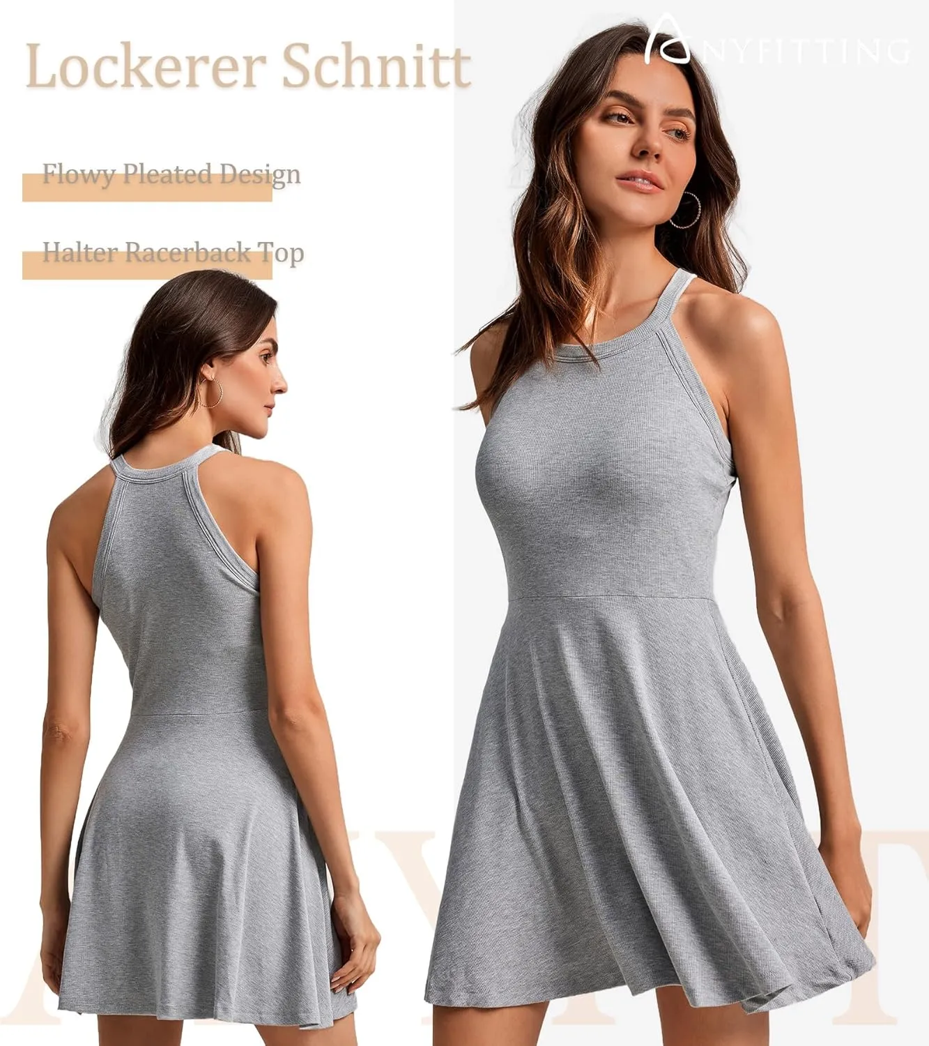 ANYFITTING Built in Bra Halter Dresses for Women Short Mini Casual Ribbed Skater Cute Dress