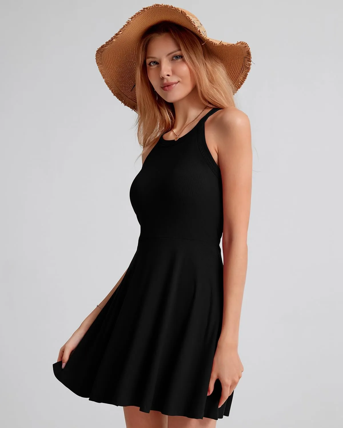 ANYFITTING Built in Bra Halter Dresses for Women Short Mini Casual Ribbed Skater Cute Dress