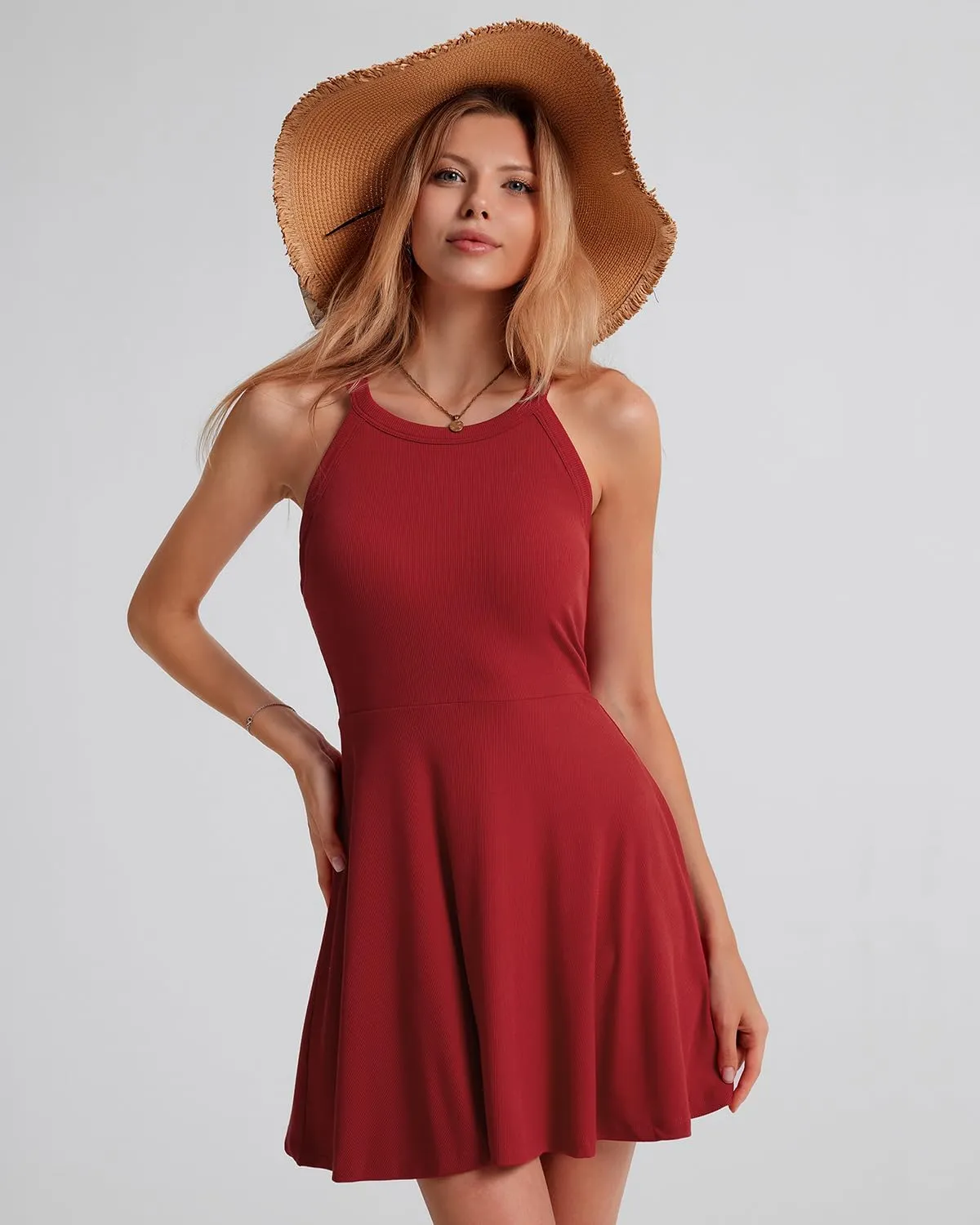 ANYFITTING Built in Bra Halter Dresses for Women Short Mini Casual Ribbed Skater Cute Dress