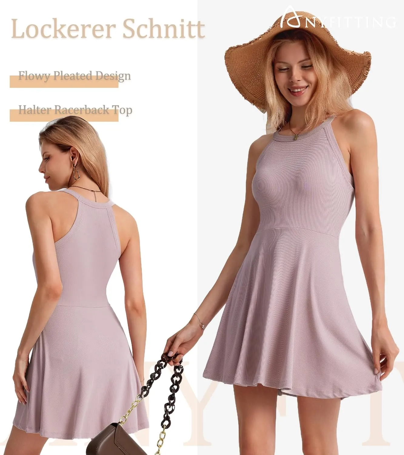 ANYFITTING Built in Bra Halter Dresses for Women Short Mini Casual Ribbed Skater Cute Dress