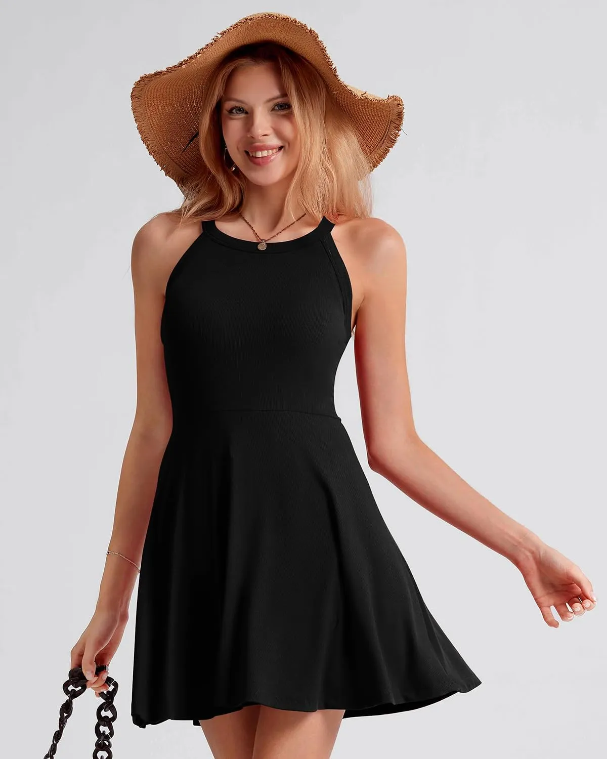 ANYFITTING Built in Bra Halter Dresses for Women Short Mini Casual Ribbed Skater Cute Dress