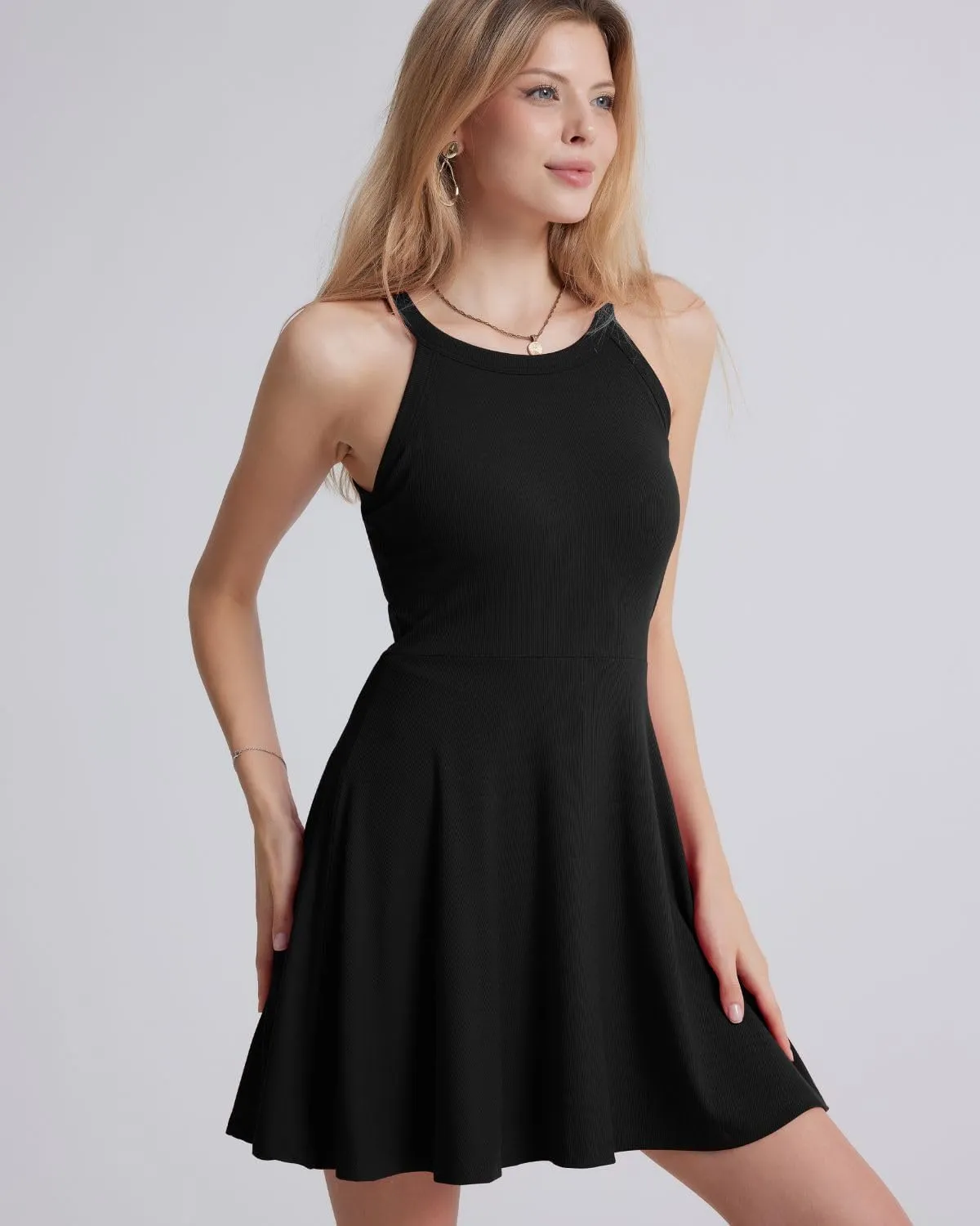 ANYFITTING Built in Bra Halter Dresses for Women Short Mini Casual Ribbed Skater Cute Dress